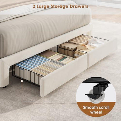 Garvee Queen Bed Frame with Storage, Velvet Upholstered Platform Bed Frame with Crystal Tufted Headboard, Charging Station, 2 Drawers, No Box Spring Needed, Noise-Free,for Bedroom, Ivory | Velvet Upholstered Platform Bed Frame with Crystal Tufted Headboar