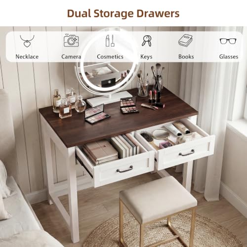 Small Writing Desk with 2 Drawers, Two-Tone Farmhouse Computer Desk with Storage, 31.5" Compact Study Table for Home Office Small Space, White & Walnut