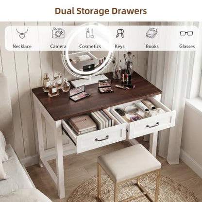 Small Writing Desk with 2 Drawers, Two-Tone Farmhouse Computer Desk with Storage, 31.5" Compact Study Table for Home Office Small Space, White & Walnut