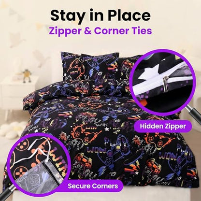 JSD Black Gaming Kids Duvet Cover Set Twin Size | 2 Piece Soft Printed Microfiber Duvet Cover with Pillow Sham Zipper Closure, Comforter Not Included, Oeko-Tex Certified - color: Black Gamer, size: Twin