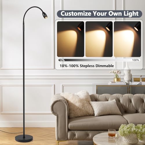 Reading Floor Lamp, 72" LED Dimmable Lamp with Gooseneck,Zoomable Spotlight | Adjustable Color Beam Standing Lamp, Touch & Remote Control, for Task Craft, Sewing, Bedroom Living Room, Office, Matte Black - color: Matte Black