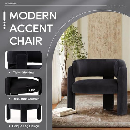 COLAMY Modern Accent Chair, Velvet Accent Chairs, Upholstered Barrel Chairs with Solid Wood Legs, Comfy Side Chair for Living Room, Bedroom, Reading, Cozy Reading Chair,Black - color: New-black, size: Set of 1