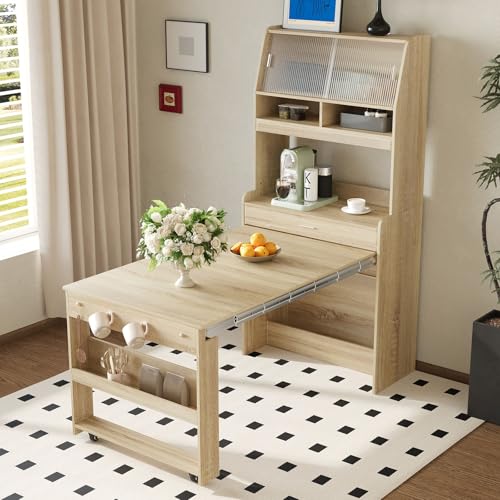 Wood Buffet Cabinet with Folding Dining Table, Craft Cabinet with Fold Out Table and Storage Shelf, Hooks, Multifunctional Cupboard for Small Places,Studio, Apartment (Natural) - color: Natural