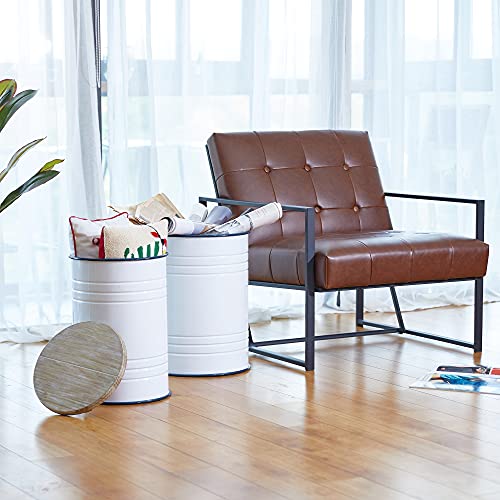 Glitzhome Rustic Storage Ottoman Seat Stool, Farmhouse End Table, Galvanized Dark Blue Rim Imitation Enamel Accent Side Table Toy Box Bin with Round Wood Lid for Living Room, Set of 2, White - color: White