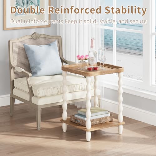 karlott Round Side Table, Square Farmhouse End Table Living Room, Beige | Pine Leg, Weathered Handcrafted Wood Nightstand, Boho Round Nightstand, Easy Assembly for Living Room, Bedroom, Small Space - size: Square Arc 2 Tier Table 18.9 Inches