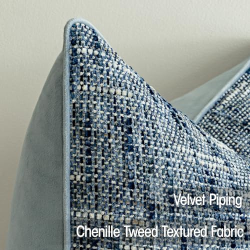a moment Light Blue Reversible Pillow Covers 2 Pack - Farmhouse Chenille Velvet Throw Pillows, Neutral Textured Decorative Throw Pillow Covers with Border for Couch Sofa Bed (12x20 Inch, No Insert) - color: Light Blue, size: 20" x 12" (Pack of 2)