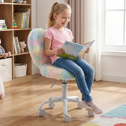 chairus Kids Desk Chair Faux Fur Small Study Chair for Teenage Girls, Adjustable Heart Shaped Kids Vanity Chair for Bedroom Reading Living Room, Cute Student Task Chair with White Foot, Macaron - color: Macaron