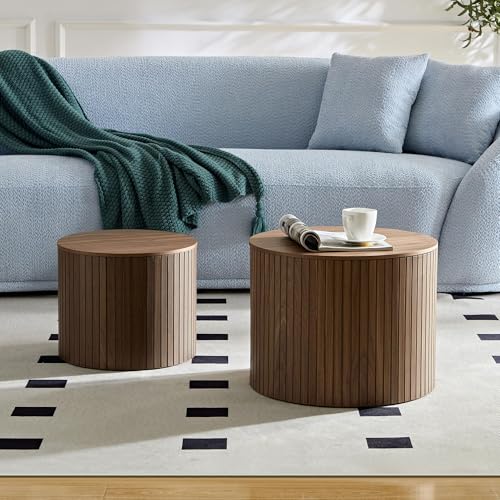 Round Nesting Coffee Table Set of 2, Wood Side Tables with Storage | Fluted Walnut Accent and End Tables Sets, Mid Century Modern, Living room, bedroom, office, small spaces - color: Walnut With Storage