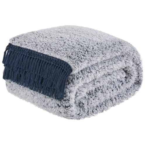 EMME Soft Sherpa Fleece Blanket with Tassel, Reversible Plush Fluffy Large Blanket, Light Weight Warm Decorative Boho Blanket Cover for Sofa, Couch, Bedroom,Travel(Tassel Navy,50"x60")