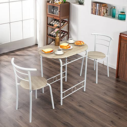 VINGLI 3 Piece Dining Set,Small Kitchen Table Set for 2,Breakfast Table Set,Kitchen Wooden Table and 2 Chairs for Small Space/Dining Room/Apartment,Metal Frame,Wine Rack,White&Light Oak - color: White&light Oak