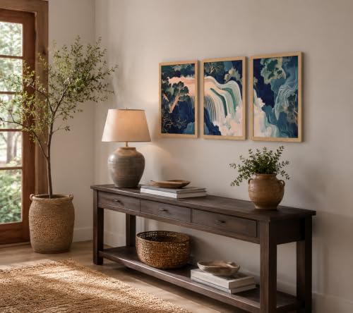 3Pcs Framed Canvas Murals Japanese Modern Landscape Blue Green Mountain And Water Abstract Nature Posters Art Gallery Living Room Office Home Wall 12x16 Inches Ready To Hang - color: Japanese-1, size: 12x16 Inch