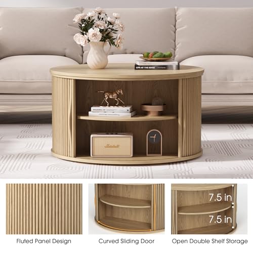SULIVES Round Coffee Table with Lifting Top, Multifunctional Lift Top Drum Coffee Table with Sliding Door, Small Fluted Center Table for Living Room, Oak - color: Oak_round-lift-top