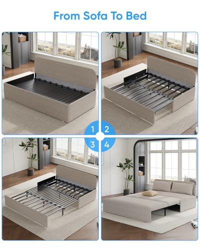 64.2" Queen Size Pull Out Sofa Bed，3-in-1 Linen Convertible Sleeper Sofa Bed,Loveseat Pullout Bed with Pillows and Tri-fold Mattress for Small Space/Bedroom,Beige - color: Beige, size: Queen