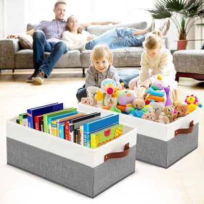 6 Pack Closet Storage Bins, Storage Baskets for Shelves | Linen Closet Organizers and Storage with Leather Handles for Clothes,Towels, Sheets, Jeans, Toys, Books (Grey and White) - style: 6 Pack Grey & White