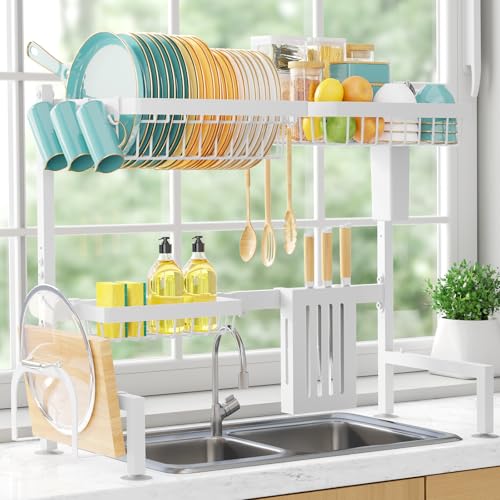 Sakugi Over The Sink 접시 건조대 - 조절 가능한 2단 대용량 스테인리스 스틸 배수구, 커틀러리 및 식기 홀더 포함, 주방 보관 및 정리, 길이 76.2-86.1cm(30-34인치) x 너비 27.9cm(11인치) x 높이 54.6cm(21.5인치), 화이트 - color: 화이트., size: 라지