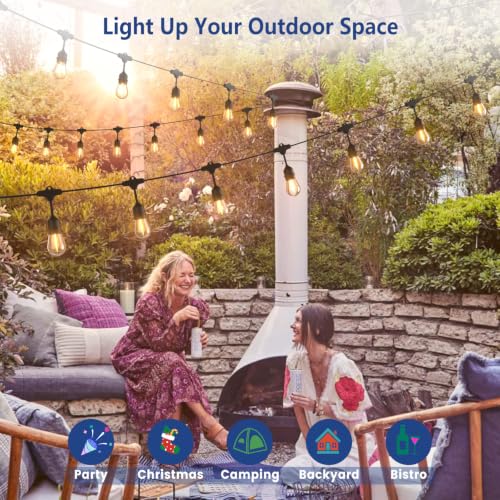 96FT Patio Lights, Remote & Connectable, Outdoor Waterproof | 2FT Bulb Spacing, Heavy Duty Commercial Grade, 18 AWG Cord, 48+4 Shatterproof Bulbs, Timer & Dimmable, IP65, 2700K Warm White - size: 96FT (48 Sockets)