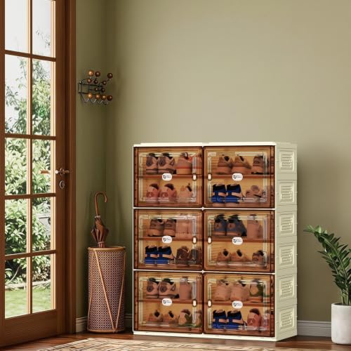 White Shoe Rack Organizer for 24 Pairs of Folding Design | Tool-free Assembly, Magnetic Clear Door, Anti-Tiping, Sneaker Storage, adjustable shelf, Folding Design, Garage, Entryway - size: 6Tier