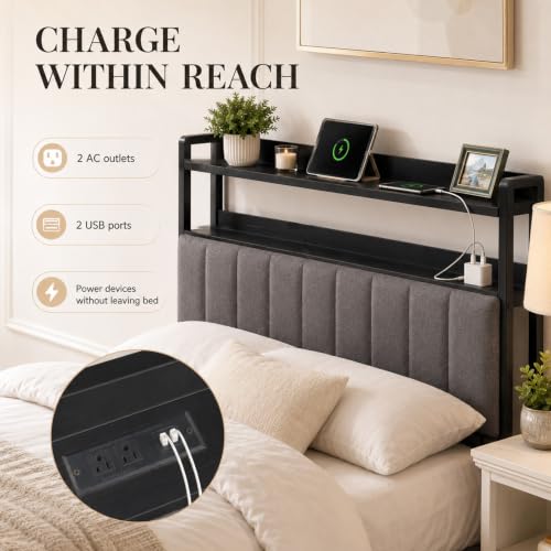 Upholstered Full Headboard with Storage and USB (Full) | bedroom dorm apartment, soft vertical panel, adjustable height, LED Light, bed frame adapters, full size headboard only - size: Full