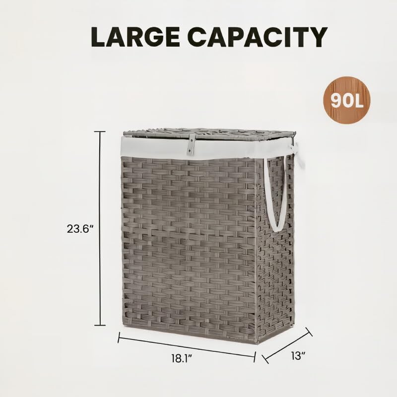 Laundry Hamper with Lid, 90L Foldable Laundry Basket with Removable Liner Bags, Handwoven Synthetic Rattan Clothes Hamper for Bathroom, Bedroom, Laundry Room, Grey - color: Grey-90L