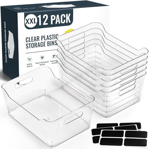12 PACK Multi-Use Clear Plastic Storage Bins for Organizing w/ Labels - Home, Kitchen, Pantry, Bathroom, Office, Cabinet Shelf Organizer Bins - SOHO Collection, RV, Fridge Organization Containers -XXL - size: XXL Large