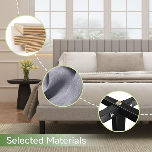 King Linen Bed Frame with Vertical Channel Tufted Headboard Light Grey | Upholstered Platform Bed, No Box Spring Needed, Noise-Free, Strong Wooden Slat, Durable Metal Frame, Easy Assembly - color: Light Grey, size: King