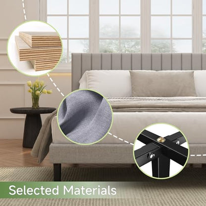 King Linen Bed Frame with Vertical Channel Tufted Headboard Light Grey | Upholstered Platform Bed, No Box Spring Needed, Noise-Free, Strong Wooden Slat, Durable Metal Frame, Easy Assembly - color: Light Grey, size: King