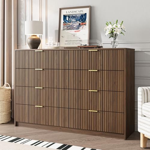 MAISONARIA Dresser for Bedroom, 8 Drawer Double Dresser, Modern Chest of Drawers for Bedroom, Living Room, Entryway and Closet, 55" L x 15.7" D x 37.4" H, Walnut - color: Walnut, size: 15.7"D x 55"W x 37.4"H (8 Drawers)