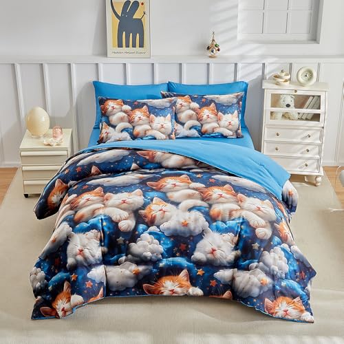 Kids Twin Comforter Set for Boys and Girls, 3 Pieces Cat Comforter with 2 Pillowcases, Microfiber Kitty Twin Bedding Set for Kids Teens Washable Lightweight Super Soft for All Season, Blue - color: Cat Blue, size: Twin-3pieces