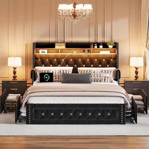 Ailisite Full Size Bed Frame with 4 Storage Drawers,Velvet Upholstered Full Platform Bed with Charging Station and Bookcase Storage Headboard, Led Full Bed Frame, No Box Spring Needed,Black - color: Black, size: Full