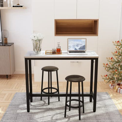 AWQM 47.2" Bar Table Set of 2,Faux Marble Pub Height Table and Chairs Set of 2 with Upholstered Stools,3 Piece Bar Table and Chairs Set Dining Table Set for Living Room,Kitchen,Bar,White & Brown - style: Modern 47.2"