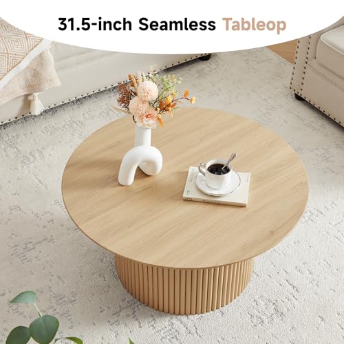 31.5" Round Coffee Table, Modern Fluted Accent Center Table with Metal Frame, Wooden Circle Coffee Tables for Living Room Small Space or Office (Natural) - color: Natural 31.5" Round