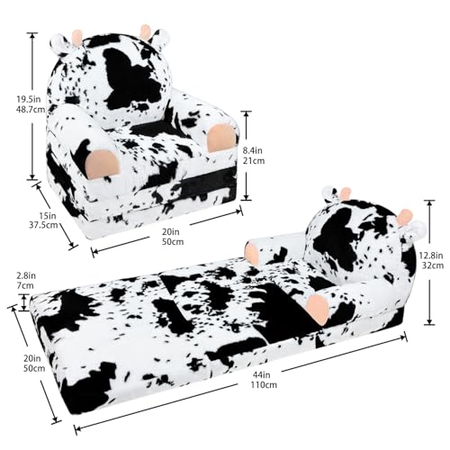 QIUODO Comfy Toddler Couch Chair, 2-in-1 Foldable Kids Sofa | Fold Out Toddler Couch with Faux Rabbit Fur, Soft Kids Sofa for Reading, Bedroom or Playroom Use, Ages 1-3（Cow）