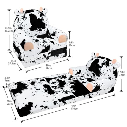 QIUODO Comfy Toddler Couch Chair, 2-in-1 Foldable Kids Sofa | Fold Out Toddler Couch with Faux Rabbit Fur, Soft Kids Sofa for Reading, Bedroom or Playroom Use, Ages 1-3（Cow）