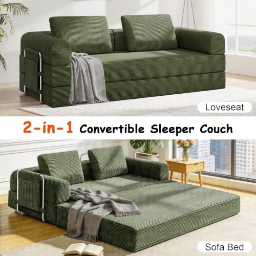 78" Convertible Sofa Bed, Corduroy Pull Out Couch with Fixed Frame & Pocket | 5-in-1 Boneless Sleeper Sofa, Couch Bed with 2 Pillows, Living Room, Small Spaces, Bedroom, No Assembly - color: 78''dark Green