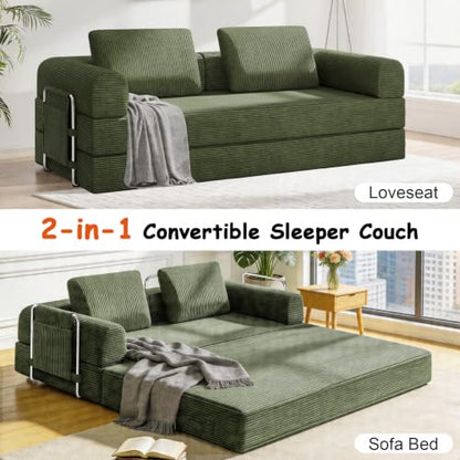 78" Convertible Sofa Bed, Corduroy Pull Out Couch with Fixed Frame & Pocket | 5-in-1 Boneless Sleeper Sofa, Couch Bed with 2 Pillows, Living Room, Small Spaces, Bedroom, No Assembly - color: 78''dark Green