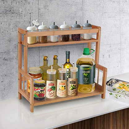 Kitchen Spice Shelf Rack Countertop Bamboo Wood Seasoning Holder Organizer | 2 Tiered Small Tabletop Organizer Shelf for Coffee Station,Codiment,Matcha,Mug,Tea,Jars Holder