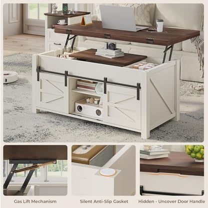 Lift Top Coffee Table for Living Room with 4 Sliding Barn Doors, 4 in 1 Farmhouse Coffee Table with Adjustable Shelves and Hidden Storage Compartment, Converts to Dining Table (Brown White)