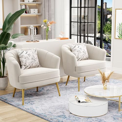 Velvet Accent Chair, Barrel Armchair, Beige | Velvet Upholstery, Golden Metal Legs, Comfy Barrel Back, Modern Style, Living Room Bedroom Office - color: Beige, size: 1 Chair