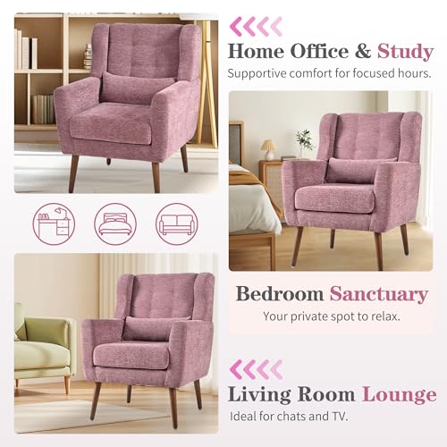 Accent Chair Set of 2, Upholstered Armchair with Pillow, Fabric Single Sofa Chair with Lounge Seat and Wood Legs Accent Chair for Living Room Small Spaces (Purple, Set of 2) - color: Purple, size: Set of 2