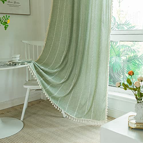 Deeprove Green Boho Curtains 63 Inches Length for Bedroom Kitchen, Cotton Linen Stripes Embroidery Weighted, Bohemian Farmhouse Window Treatment Drape Tassels 1 Panel W52 x L63 Sage - color: Sage Green, size: 52"W x 63"L (Pack of 1)