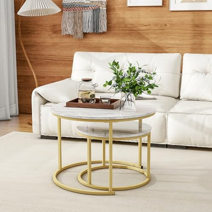 HOJINLINERO Round Coffee Table,Nesting Coffee Table Set of 2,Golden,Large | Center Table for Living Room,Bedroom,Office,Home Small Space,Stacking Side Tables,Sturdy and Easy Assembly,Wood Desktop - color: Gold/Yellow, size: Large