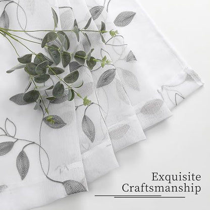 Tollpiz Grey Leaf Sheer Curtains Leaves Embroidered Bedroom Curtain Rod Pocket Voile Window Treatment for Living Room, 54 x 84 inches Long, Set of 2 Panels | Leaves Embroidered Curtain Rod Pocket Voile Window Treatment for Living Room, Set of 2 Panels - c