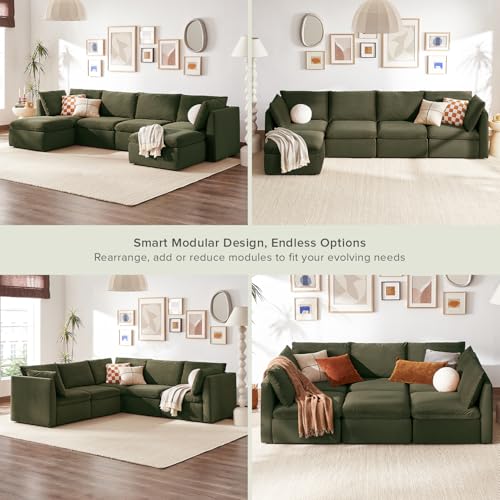 mopio Oversized Modular Sectional Sofa with Fully Removable Covers and Storage, Convertible U, L-Shaped and Sleeper Sectional, Modern Couches with Ottoman Chaise (Olive Green Velvet, 6 Seats, U) - color: [Gen 2] Olive Green Velvet, size: 6 Seats, U