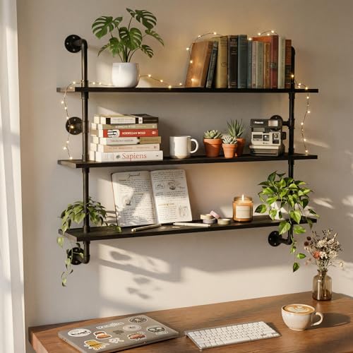 HDDFER Industrial Pipe Shelving Rustic Black Wall Shelves with Wood Planks Industrial Floating Shelves 48 Inch 3 Tier Farmhouse Bookshelf Pipe Shelves Wall Mounted,Open Shelving For living room/office - color: Black, size: 3Tier48in