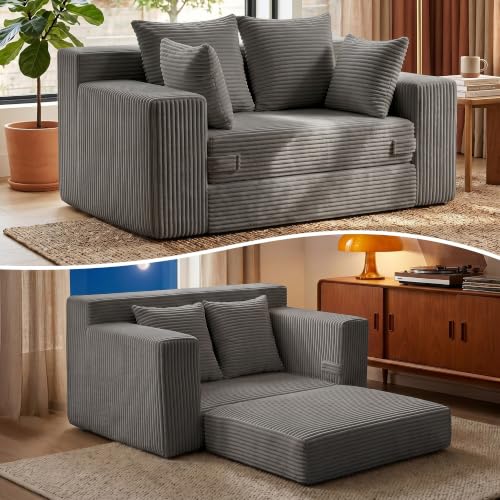 Boneless Mini Couch 53 Inch, 3-in-1 Gray Boneless Couches Covertible Sofa Bed with 4 Pillows, Small Couches for Living Room, Bedroom, Small Space - color: Grey, size: 53 Inch