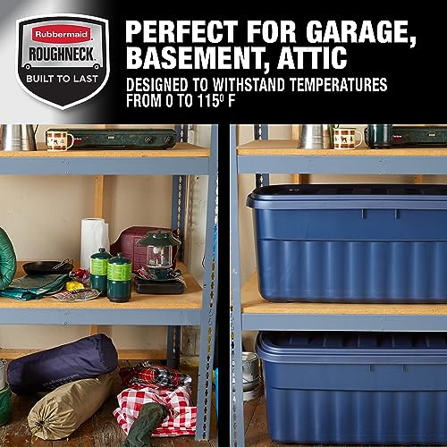 Rubbermaid Roughneck Tote 50 Gal, 2 Pack, Made in USA, Dark Indigo Metallic, Rugged Plastic Stackable Storage Bins with Lids and Handles - size: 50 Gal - 2 Pack