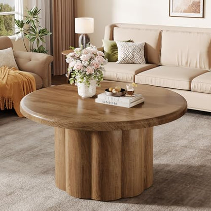 Tribesigns 31.5" Round Coffee Table for Living Room, Farmhouse Circle Center Cocktail Table with Fluted Drum Base, Wooden Living Room Furniture for Apartment, Small Space, Brown