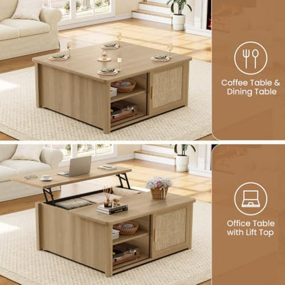 SEDETA 31.5" Lift Top Coffee Table with Storage, Square Coffee Tables for Living Room, Farmhouse Coffee Table with Large Hidden Storage Compartment and Adjustable Shelves, Rattan Oak - color: Rattan Oak