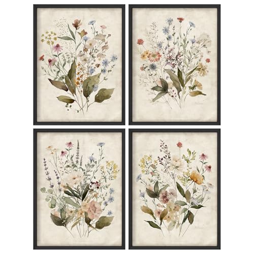 SIGNWIN Framed Set Vintage Wildflower Bouquet Antique Botanical Illustrations Modern Art Decorative Multicolor Nature Wilderness for Bedroom - 11"x14"x4 Black - color: Ae16-2401-yuk06, size: 11"L x 14"W, style: Black Frame
