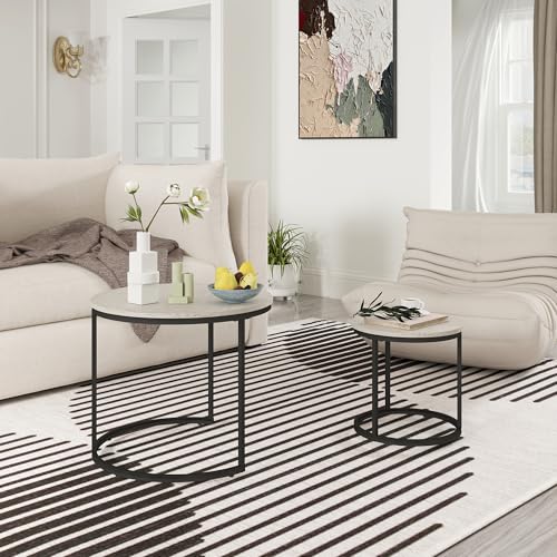 Otterease Nesting Tables Set of 2, Small Round Coffee Table for Living Room | Nesting Coffee Table with Adjustable Non-Slip Feet, Wood Grain Top Nesting Table for Living Room, Bedroom (Wood Grain Grey) - color: 23.6" Wood Grain Grey